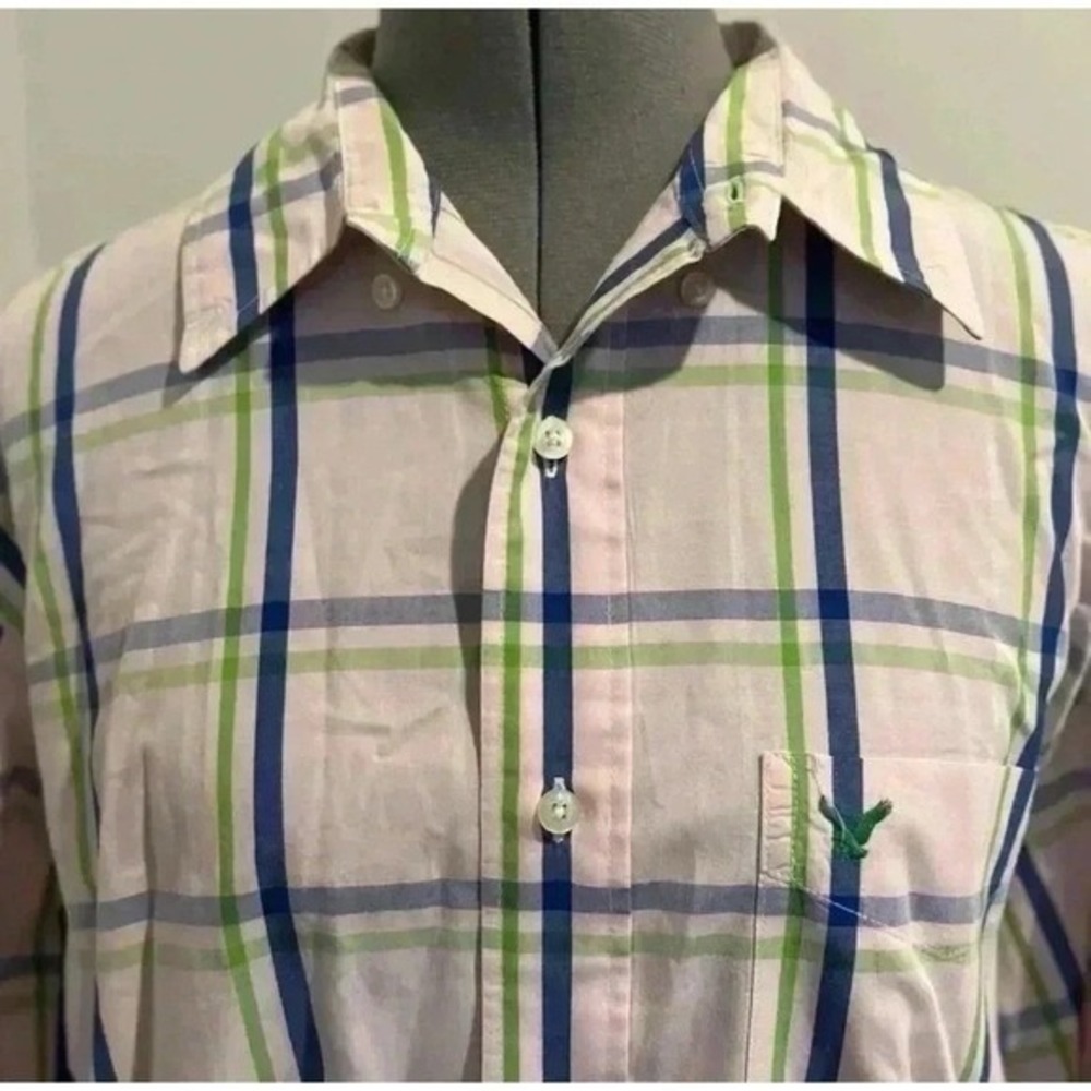 AMERICAN EAGLE PINK & BLUE PLAID LONG SLEEVE  SHIRT‎ SIZE L MEN'S
